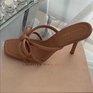 Loeffler Randall Knot-Detail Square Toe Heeled Sandal in Tan